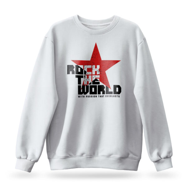 Raverge 'Rock the World' women's white sweatshirt with bold typography and red star graphic.