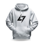 Raverge men's white hoodie with the Raverge logo, premium streetwear for men.