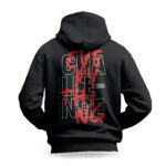 Raverge men's black hoodie Challenge Everything backside view bold streetwear