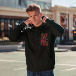 Raverge men's black hoodie Challenge Everything worn by model front streetwear fashion