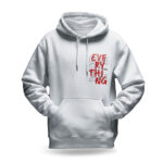 Raverge men's white hoodie Challenge Everything front view striking typography