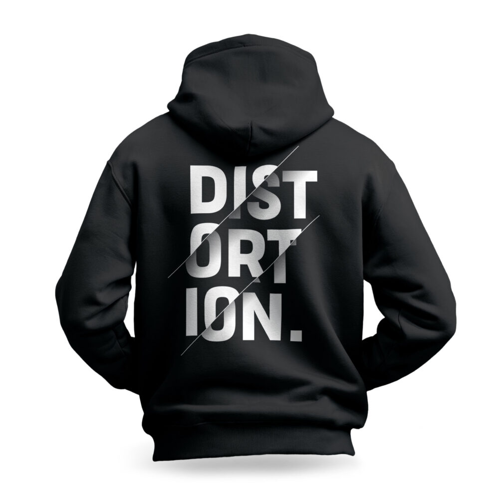 Raverge men's black hoodie Distortion backside view rock-inspired streetwear design