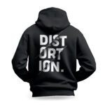Raverge men's black hoodie Distortion backside view rock-inspired streetwear design
