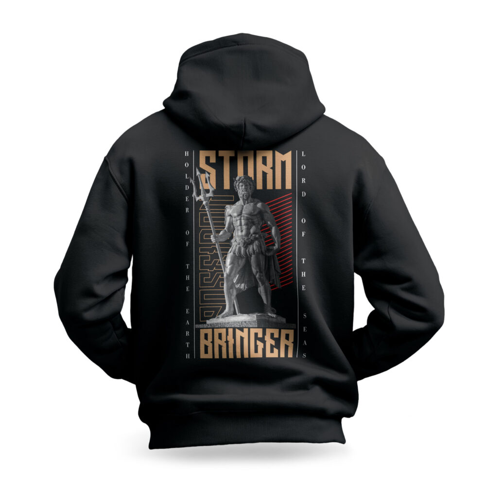 Raverge men's black hoodie Storm Bringer backside view Poseidon theme design streetwear