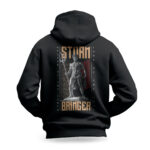 Raverge men's black hoodie Storm Bringer backside view Poseidon theme design streetwear