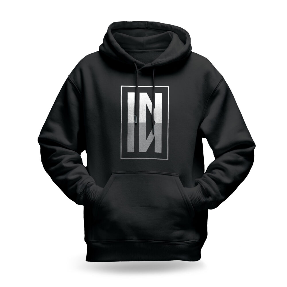 Raverge men's black hoodie IN design mirrored typography modern streetwear