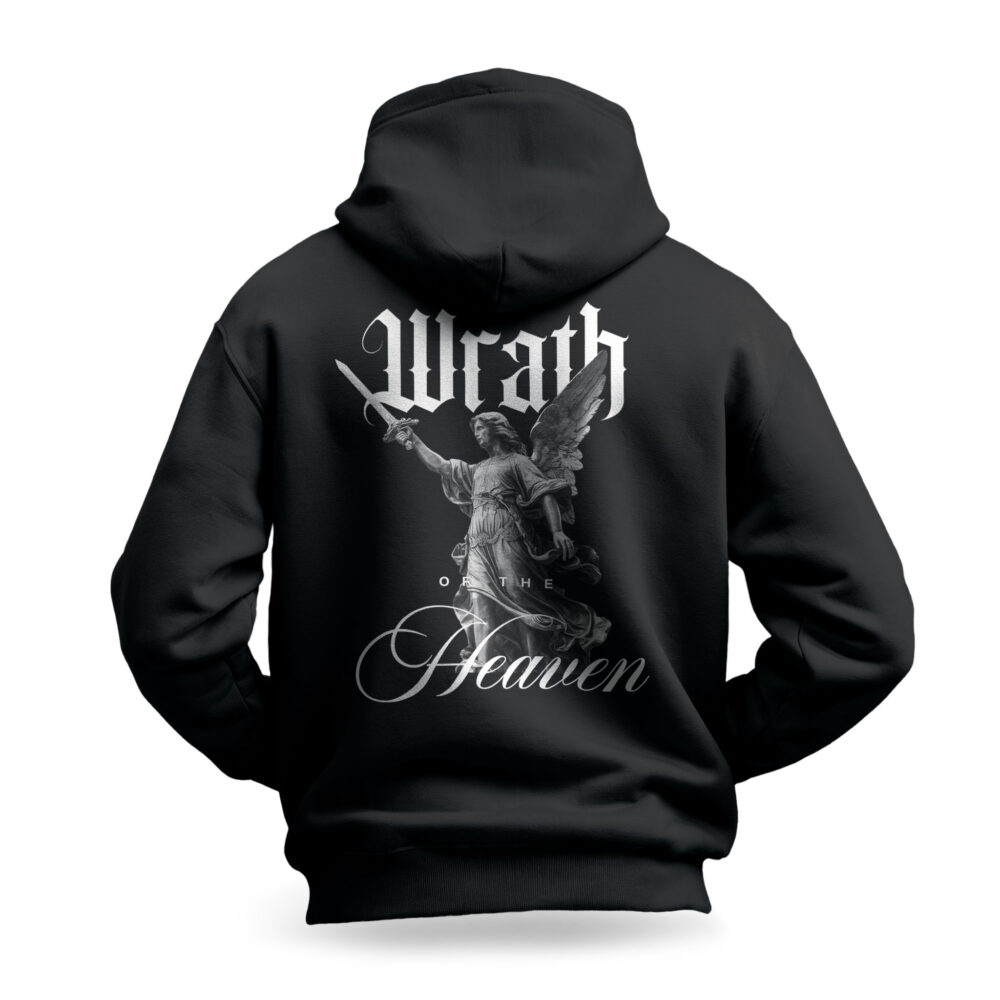 Raverge men's black hoodie Wrath of the Heaven backside angel with sword graphic streetwear design