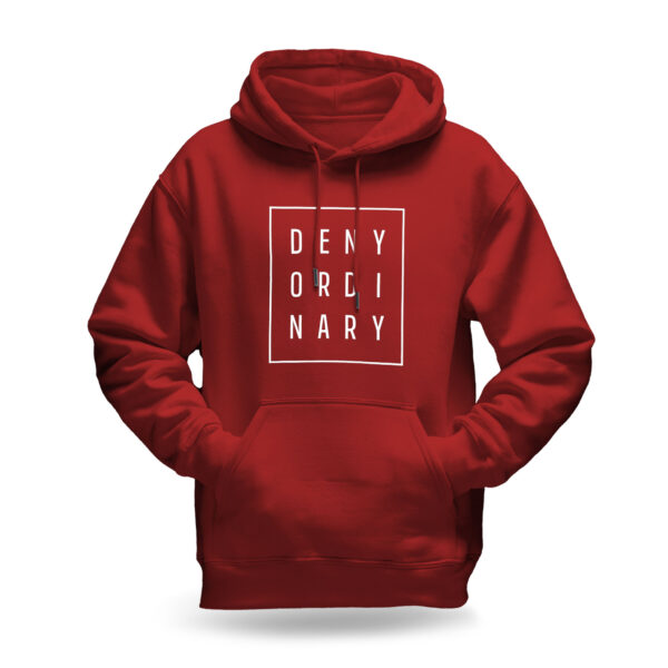 Raverge men's red hoodie Deny Ordinary bold slogan minimalist streetwear design
