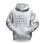 Raverge men's white hoodie Deny Ordinary bold slogan minimalist streetwear design