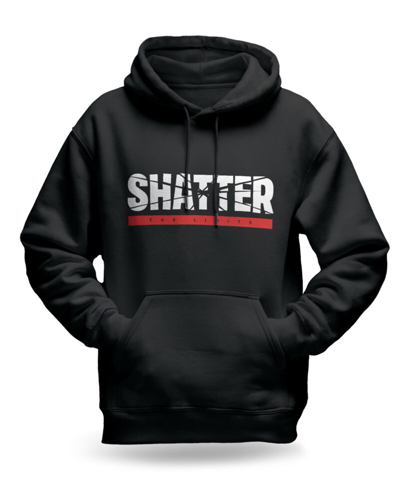 Raverge men's black hoodie Shatter the Limits bold typography motivational streetwear design