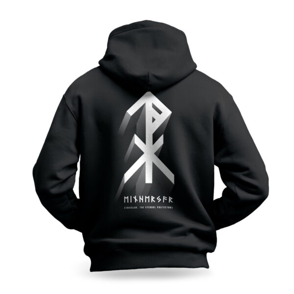 Raverge men's black hoodie Einherjar design with Viking protection symbol and Elder Futhark runes on the back.