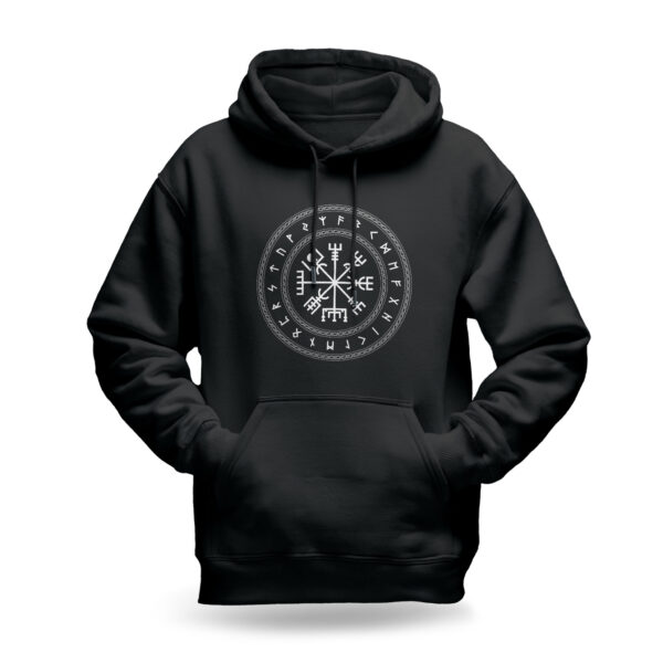 Raverge men's black hoodie Vegvisir design with Nordic compass and Elder Futhark runes.