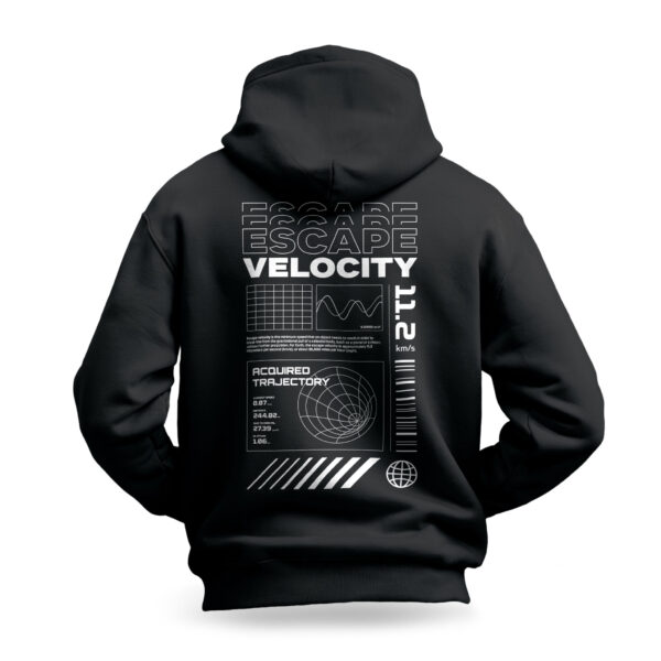Raverge Escape Velocity men's black hoodie showcasing sci-fi themed graphic on the back.