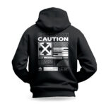 Raverge Caution men's black hoodie with full sci-fi graphic design on the back.