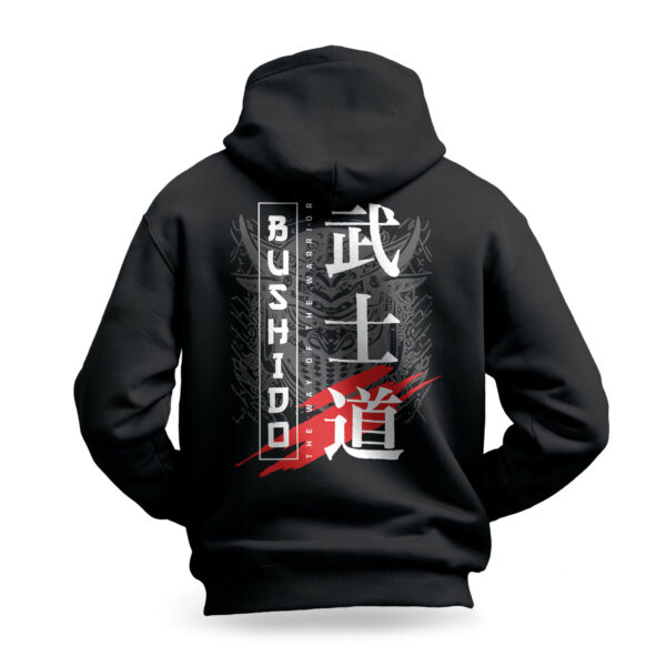 Raverge Bushido men's black hoodie with samurai-themed graphic design on the back.