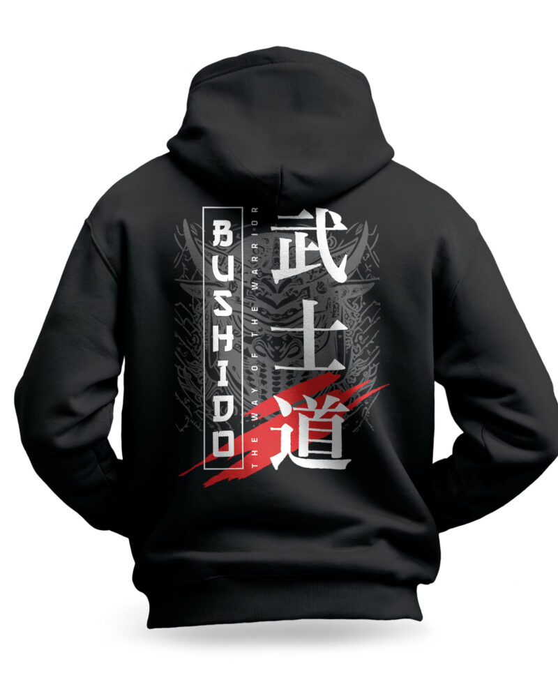 Raverge Bushido men's black hoodie with samurai-themed graphic design on the back.