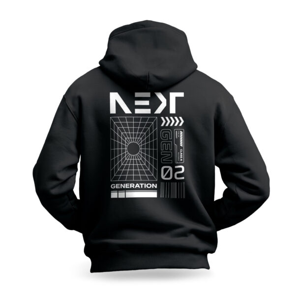 Raverge Next Generation men's black hoodie with detailed sci-fi graphic on the back.