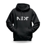 Raverge Next Generation men's black hoodie featuring 'NEXT' title in bold font.