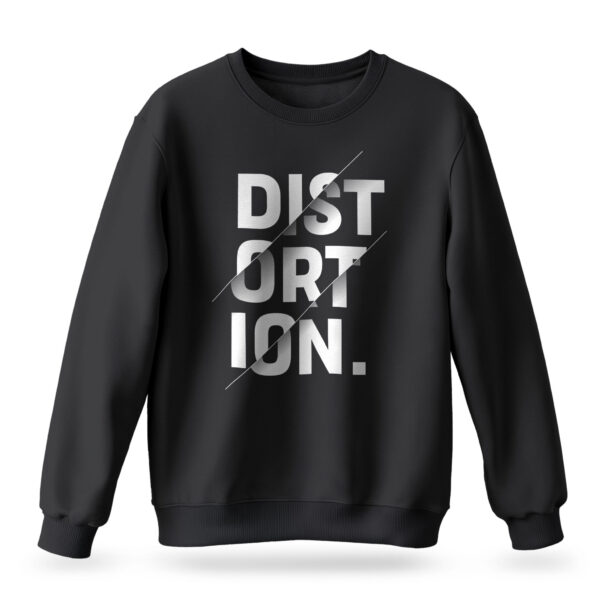 Men's black Distortion sweatshirt with bold white slashed typography design