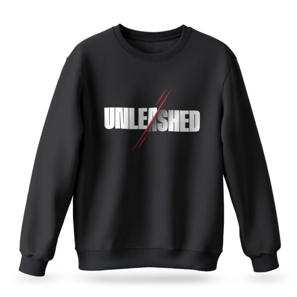 Men's black sweatshirt with bold "Unleashed" text sliced by red claw marks, featuring a fierce and dynamic design.