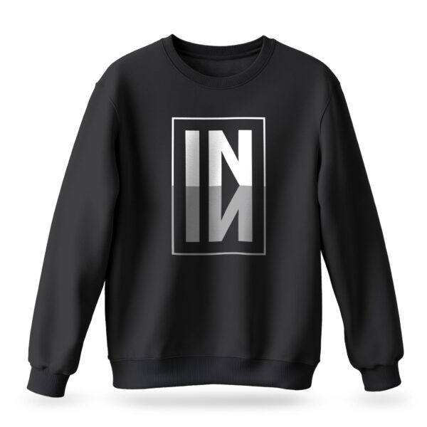 Men's IN sweatshirt with mirrored geometric typography design on black fabric