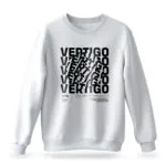 Men's white sweatshirt with spinning "Vertigo" text design