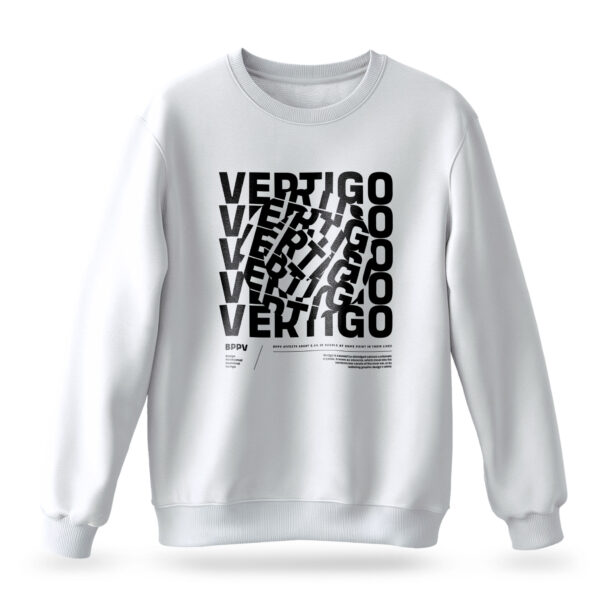 Men's white sweatshirt with spinning "Vertigo" text design