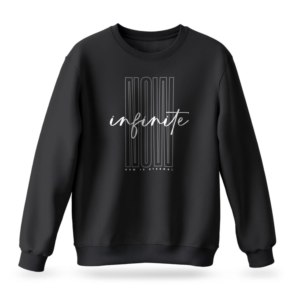Raverge men's Infinite Now black sweatshirt with minimalist typography design