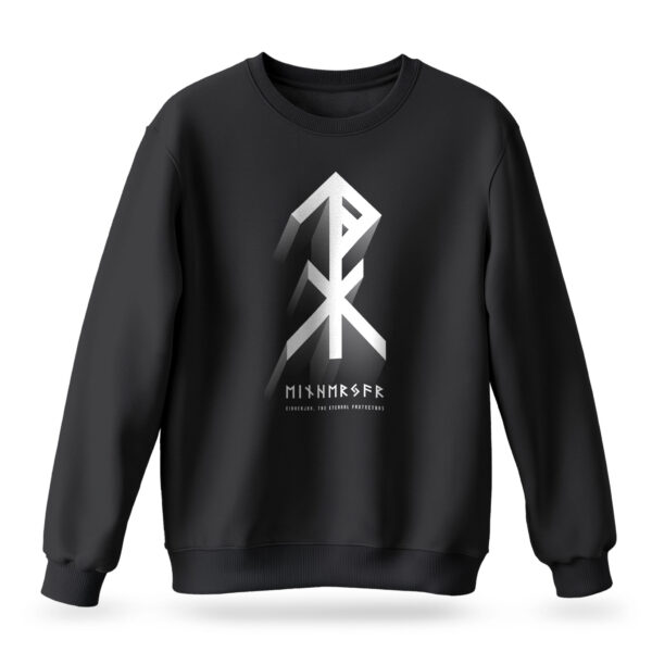 Raverge men's Einherjar black sweatshirt with Viking protection rune and Elder Futhark script