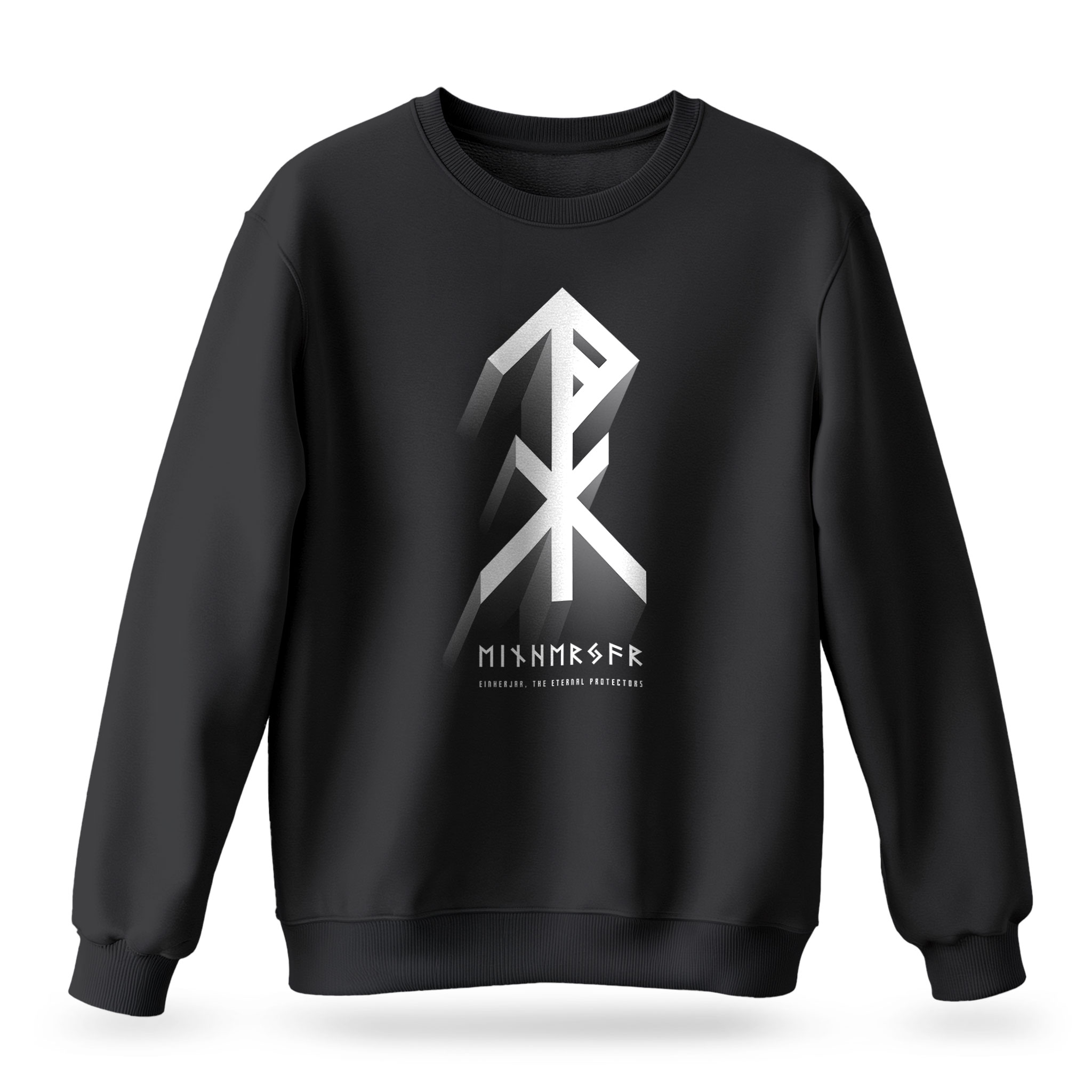 Raverge men's Einherjar black sweatshirt with Viking protection rune and Elder Futhark script
