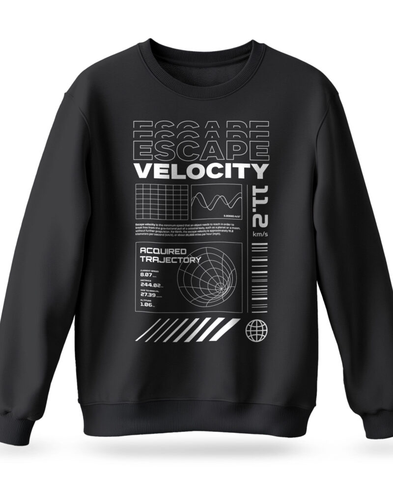 Raverge men's Escape Velocity black sweatshirt with futuristic sci-fi graphics.