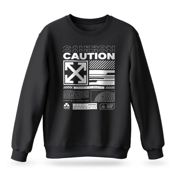 Raverge men's Caution black sweatshirt with futuristic sci-fi graphics.