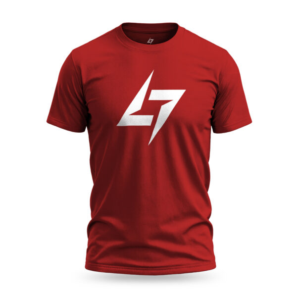 Red Raverge men's t-shirt featuring the Raverge logo on the chest