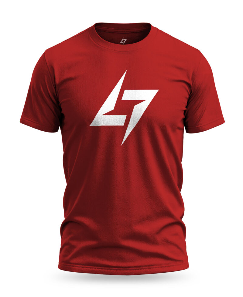 Red Raverge men's t-shirt featuring the Raverge logo on the chest