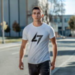 White Raverge men's t-shirt with logo on the chest worn by a model