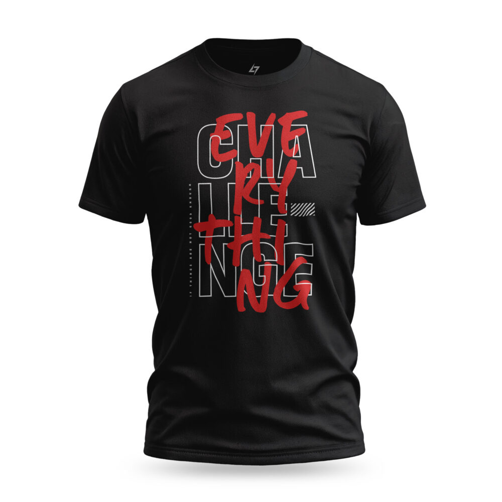 Black Raverge men's t-shirt with red and white typographical arrangement that reads "Challenge Everything."