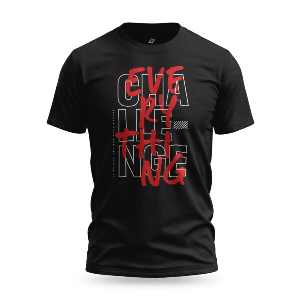 Black Raverge men's t-shirt with red and white typographical arrangement that reads "Challenge Everything."