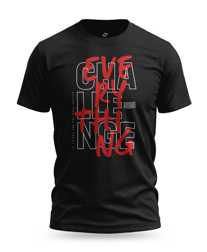 Black Raverge men's t-shirt with red and white typographical arrangement that reads "Challenge Everything."