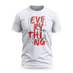 White Raverge men's t-shirt with red and black typographical arrangement that reads "Challenge Everything."