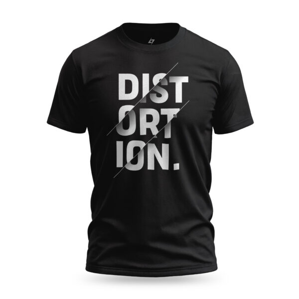 Black Raverge men's t-shirt with the jagged 'Distortion' text graphic, perfect for rockers and streetwear enthusiasts.