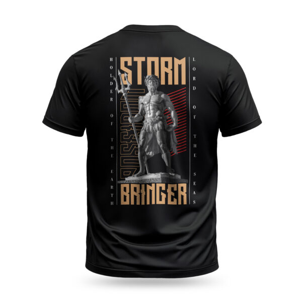 Poseidon statue graphic on black t-shirt, with 'Lord of the Seas' and 'Holder of the Earth' text, powerful storm bringer design.