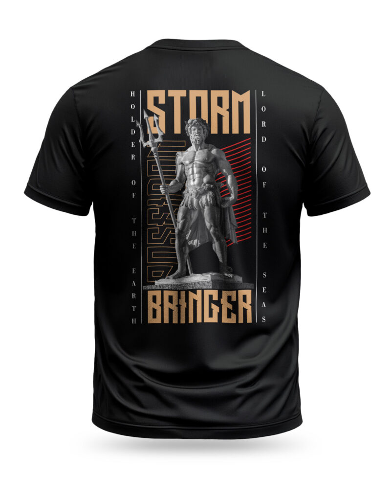 Poseidon statue graphic on black t-shirt, with 'Lord of the Seas' and 'Holder of the Earth' text, powerful storm bringer design.