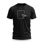 Minimalist black t-shirt with "Think Without the Box" graphic design featuring a square outline and bold typography.