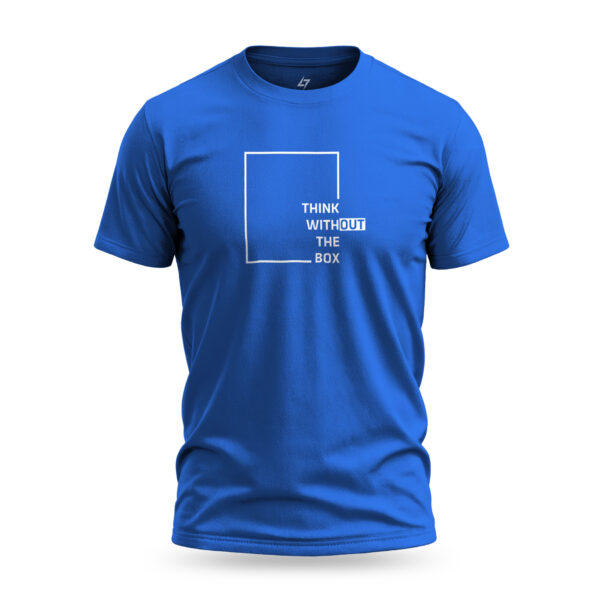 Minimalist blue t-shirt with "Think Without the Box" graphic design featuring a square outline and bold typography.