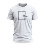 Minimalist white t-shirt with "Think Without the Box" graphic design featuring a square outline and bold typography.