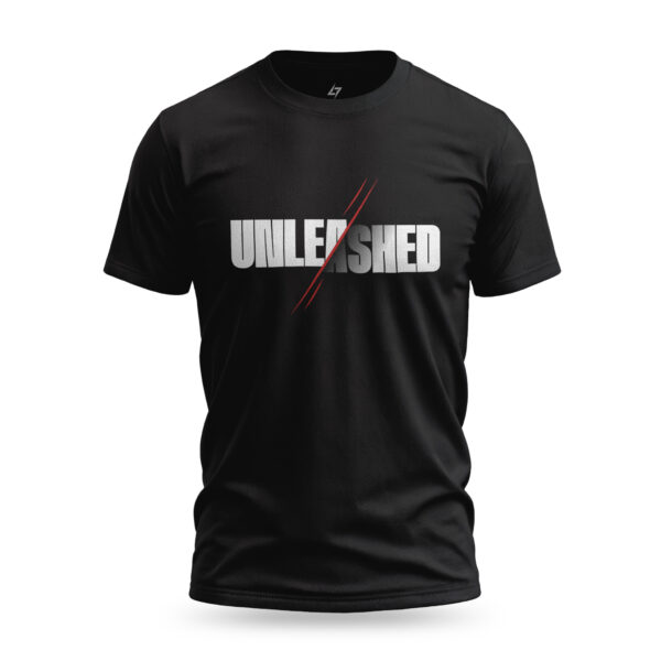 Black men's t-shirt with bold "UNLEASHED" typography and a red slash graphic.