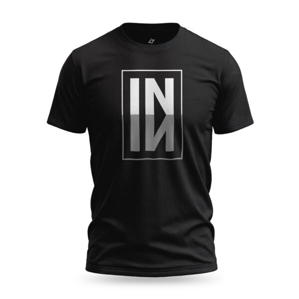 Black t-shirt featuring a mirrored "IN" typography inside a rectangular box for an abstract visual appeal.