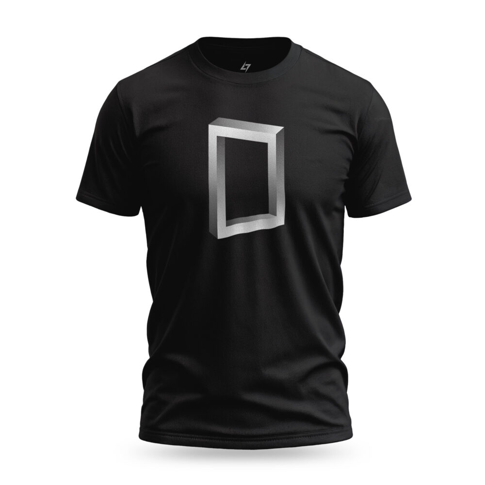 Black t-shirt featuring a futuristic intertwined rectangular graphic with sci-fi Nexus-inspired design.