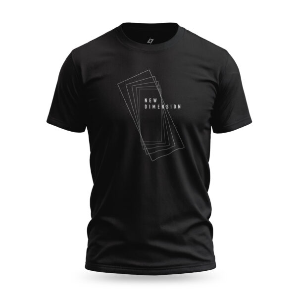 New Dimension t-shirt design featuring nested rectangular shapes and bold "New Dimension" text inside. A minimalist, geometric design that evokes a sense of depth and alternate realities.