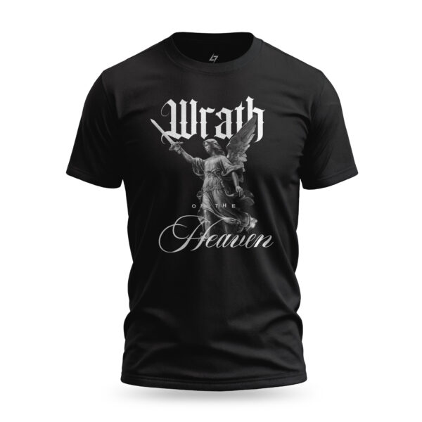 Wrath of the Heaven men’s t-shirt with bold typography and an angel statue holding a sword. A powerful design symbolizing divine strength and heavenly wrath.